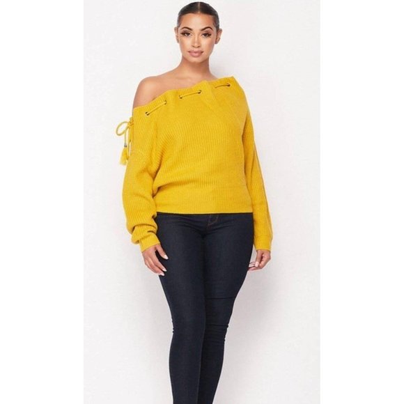 Honey Mustard Drawstring Off Shoulder Sweater - Picture 1 of 9